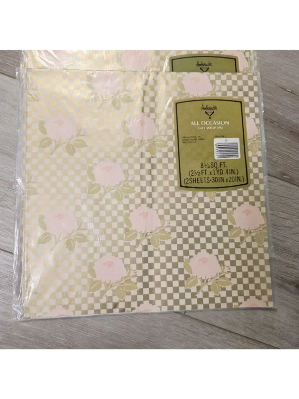 3 Hallmark Gold Checkered Background Pink Roses Gift Wrapping Scrapbook Crafting